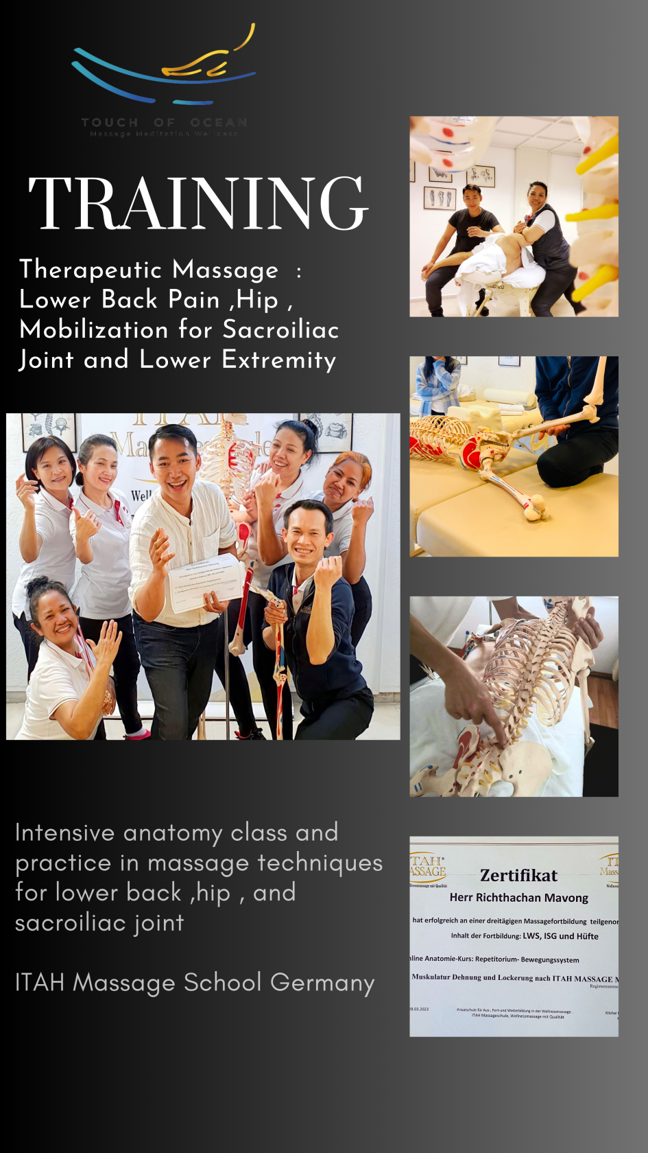 Massagefortbildung ( Anatomie für Untere Extremität, LWS, ISG und Muskulatur Drehung ) ITAH Schule , Deutschland